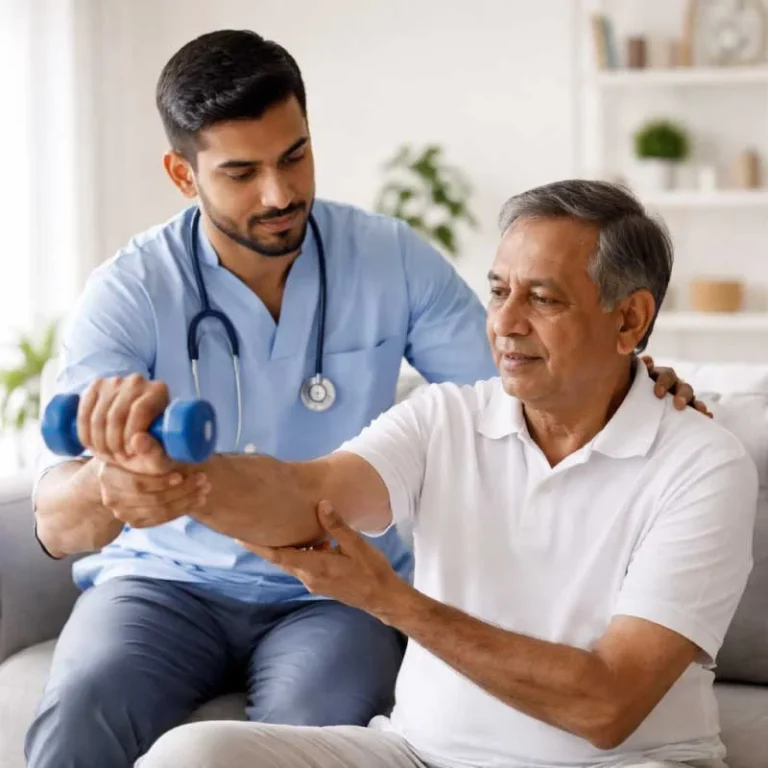 Certified physiotherapist doctor performing PNF arm pattern exercises on a male stroke survivor during a home visit in Dhaka