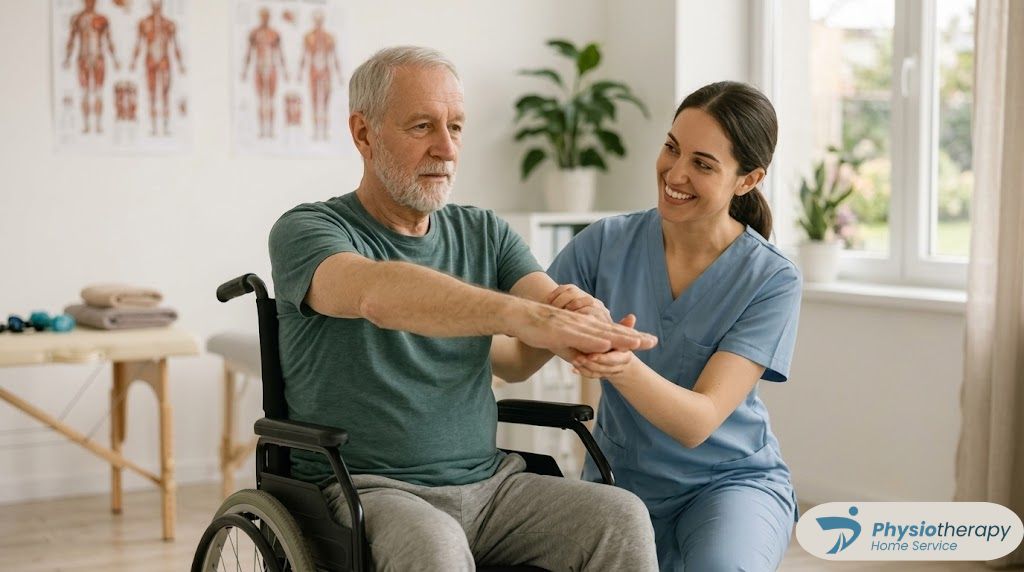A professional clinical home physiotherapist conducting physical therapy rehabilitation exercises for a patient inside a residential home in Dhaka.