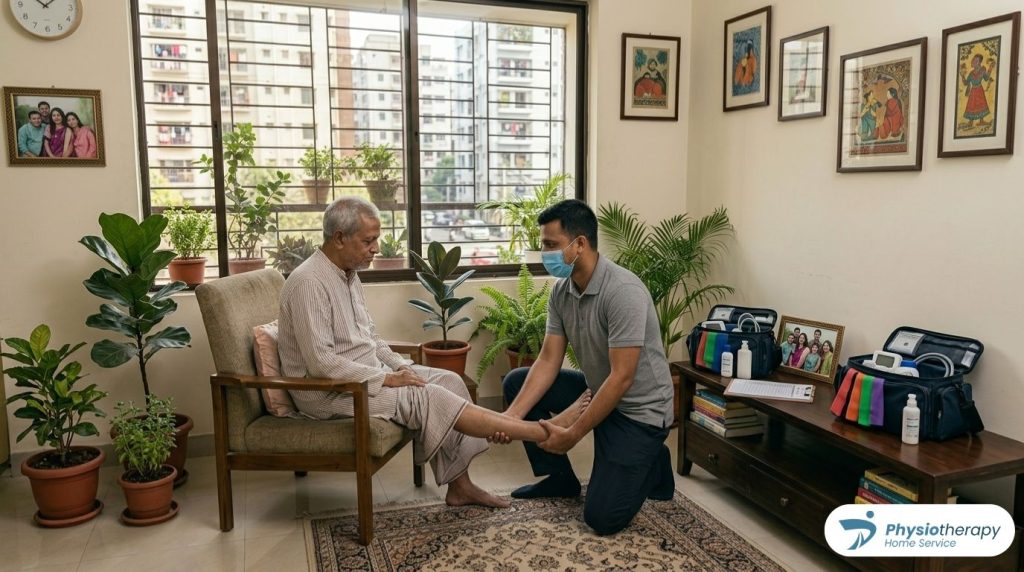 A masked physiotherapist from Maisha Care performs personalized mobility training with an elderly man at his home in Dhaka, Bangladesh, following a structured, step-by-step recovery path.