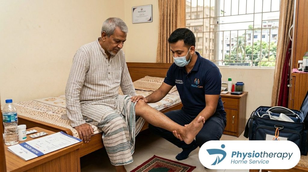 A Maisha Care clinical specialist providing professional home physiotherapy to an elderly male patient in a Dhaka home, performing range of motion exercises on the leg.