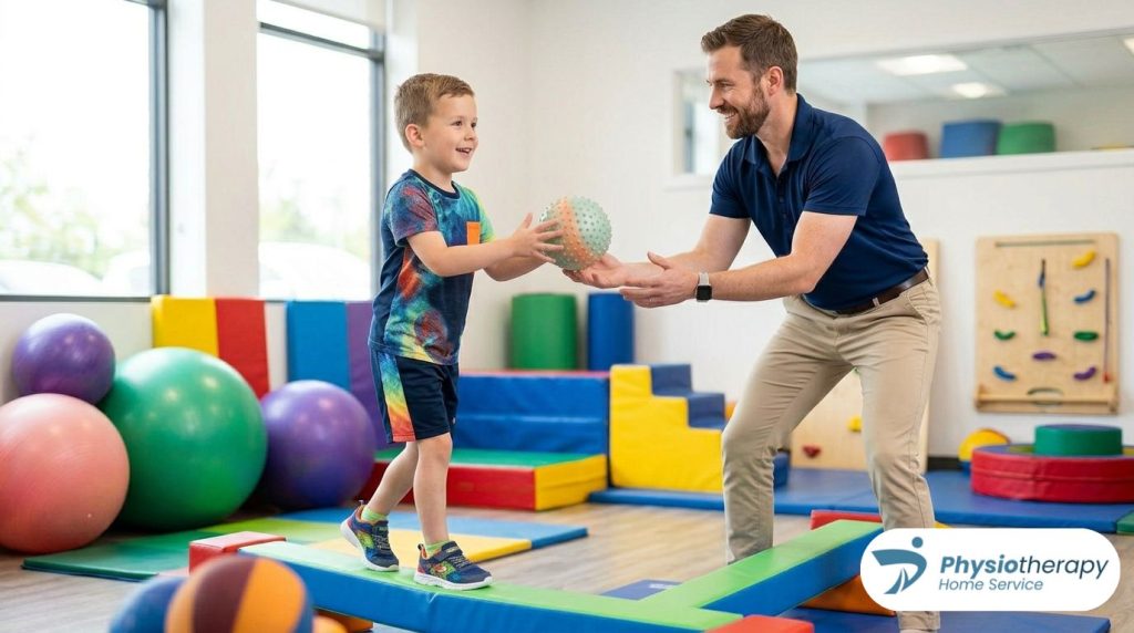 A professional male pediatric physical therapist guiding a young boy through functional balance and coordination exercises using a textured ball on a colorful therapy beam.