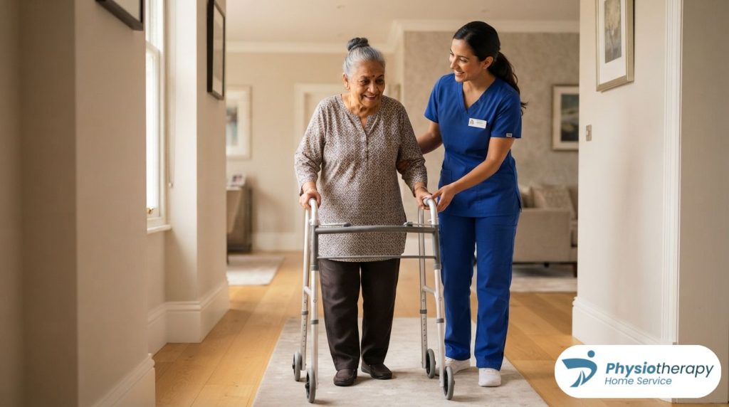ertified female physiotherapist assisting an elderly lady to walk safely with a walker under professional physiotherapy home service in dhaka.