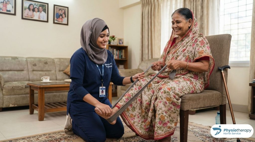 Best female physiotherapist in Dhaka helping a patient with leg strengthening exercises at home.