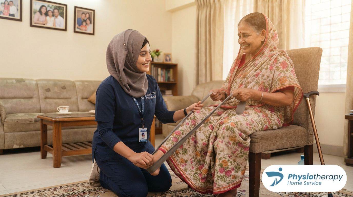 Best female physiotherapist in Dhaka helping a patient with leg strengthening exercises at home.