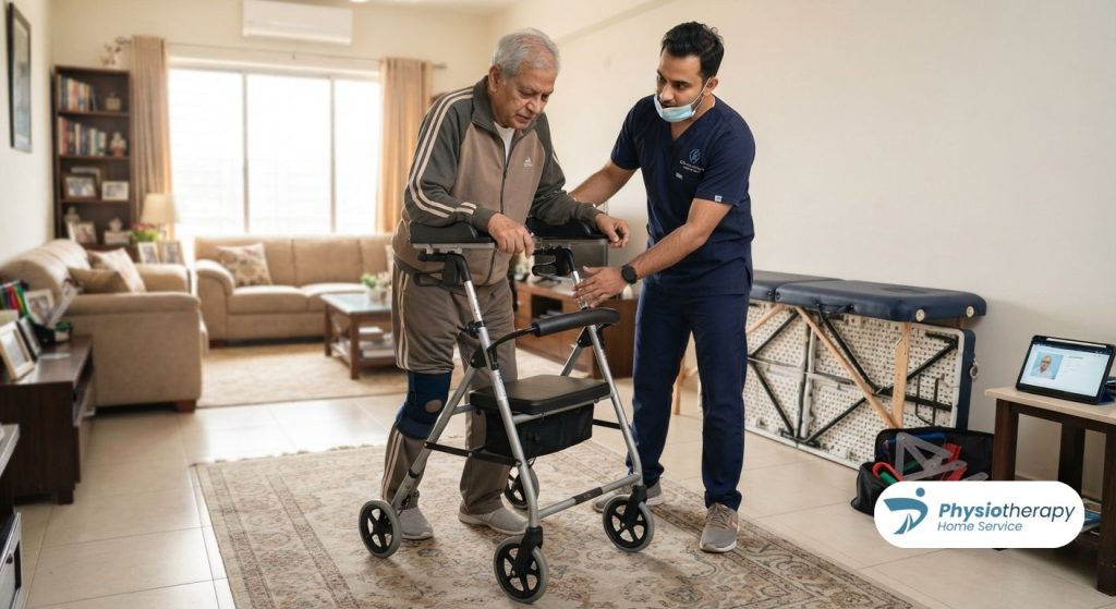 Professional physiotherapist assisting an elderly patient with a mobility walker during a home session in Dhaka.