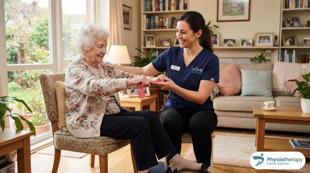 Professional physiotherapy home service in dhaka assisting an elderly patient with rehabilitation.