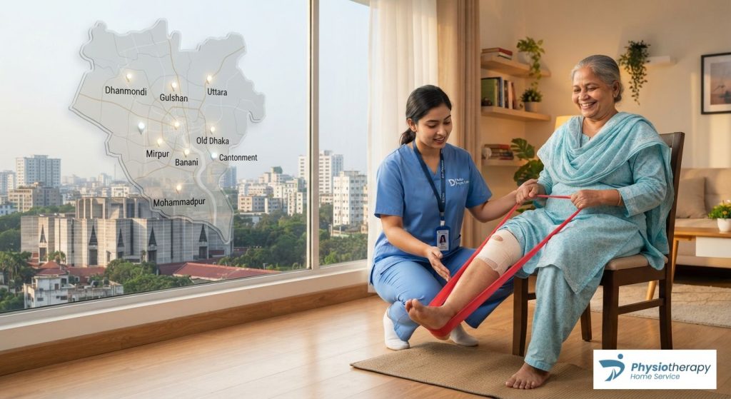Professional physiotherapist providing home service in Dhaka, with a coverage map of neighborhoods like Mirpur and Gulshan visible in the background.