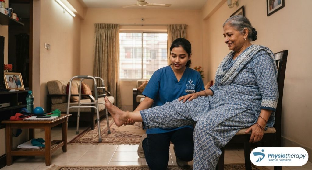 Professional physiotherapist assisting an elderly patient with rehabilitation exercises during a home service visit in Dhaka.