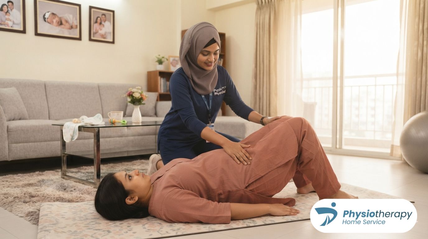 Professional female physical therapist providing postnatal care to a mother in Dhaka.