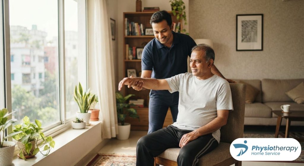 Professional physiotherapist providing home-based rehabilitation and mobility care to a patient in Dhaka