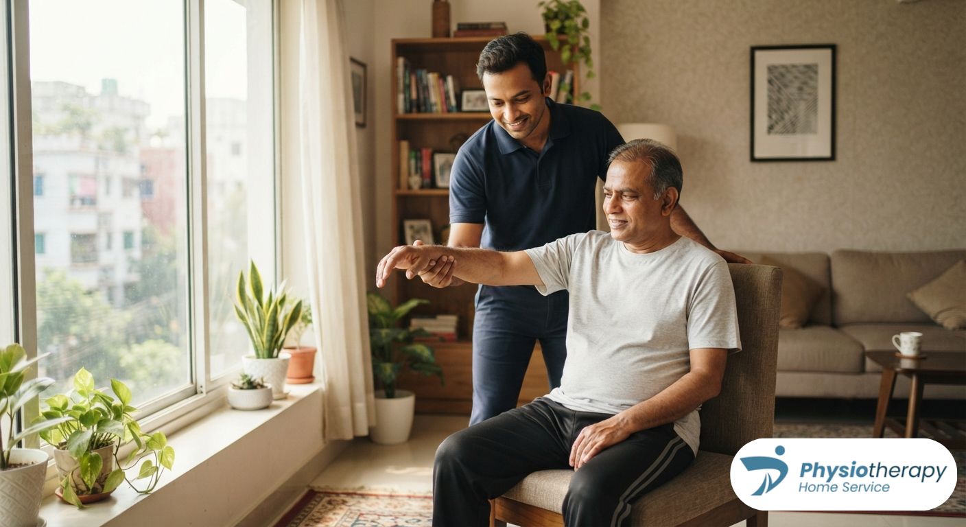 Professional physiotherapist providing home-based rehabilitation and mobility care to a patient in Dhaka