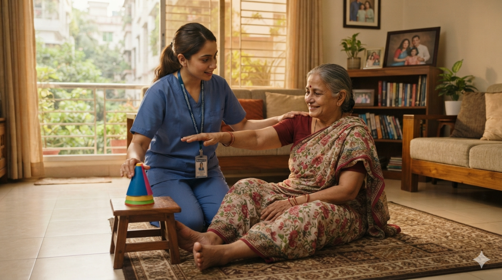 BPT neurological physiotherapist guiding stroke survivor through balance and limb movement exercises at home in Dhaka.