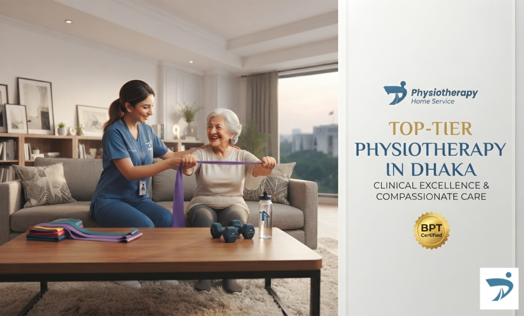 A professional physiotherapist providing home care rehabilitation in a modern Dhaka living room
