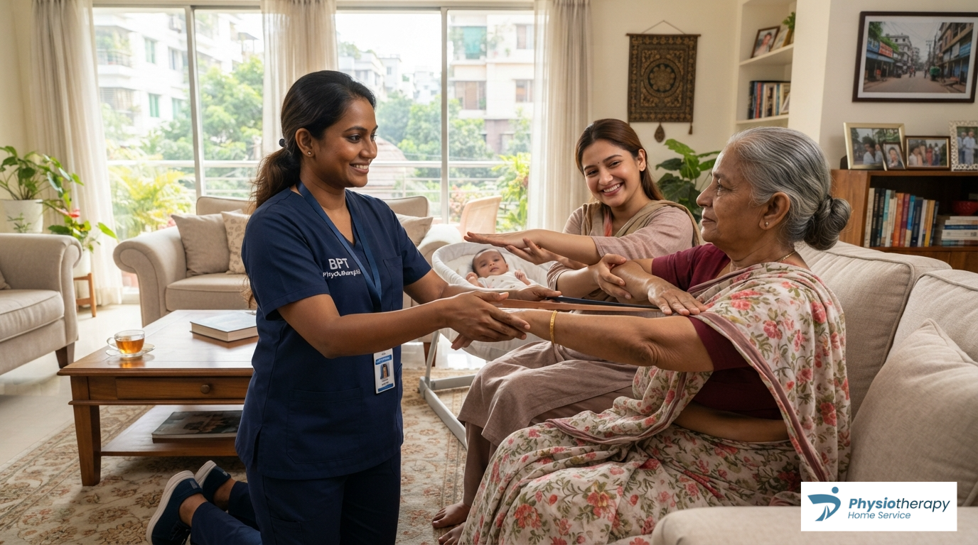 Certified BPT female physiotherapist providing gentle home rehabilitation to a female patient in Dhanmondi Dhaka.