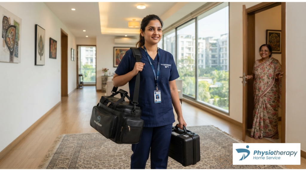 Certified BPT physiotherapist carrying portable medical equipment arriving for a home care visit in a modern apartment in Gulshan Dhaka.