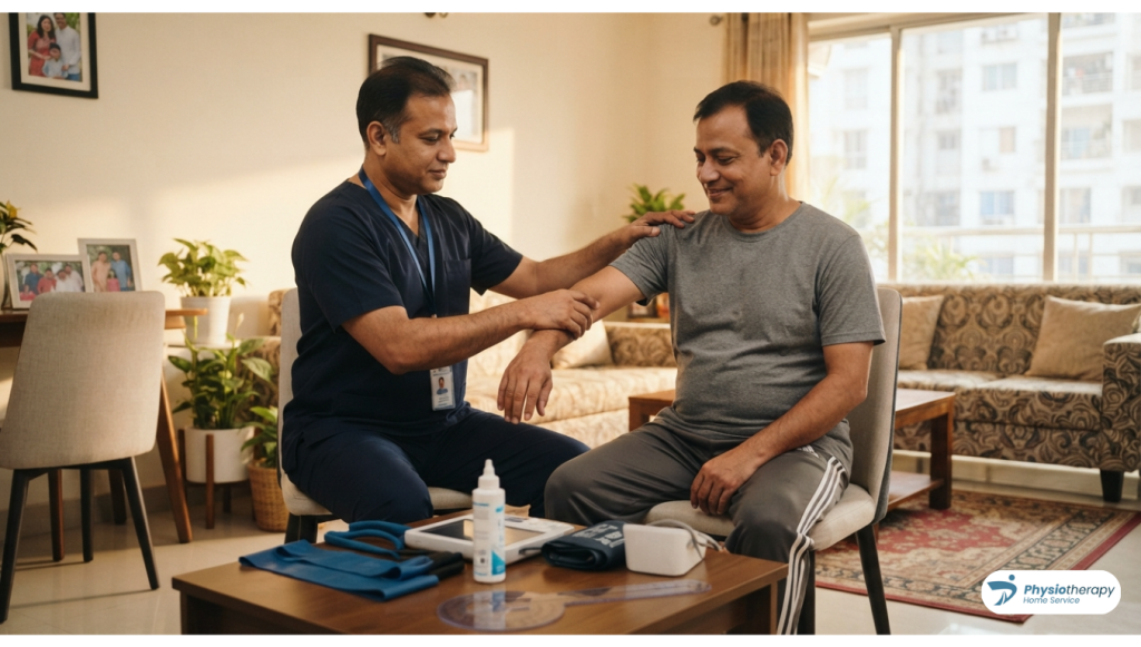 A professional BPT certified physiotherapist providing home physiotherapy service in a living room in Dhaka