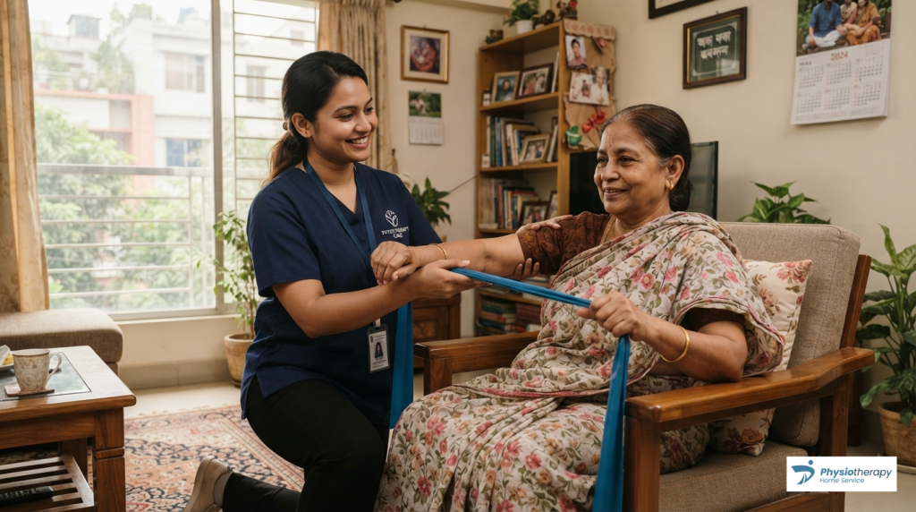 Certified BPT physiotherapist providing gentle one-on-one knee and back rehabilitation to an elderly patient at home in Dhaka.