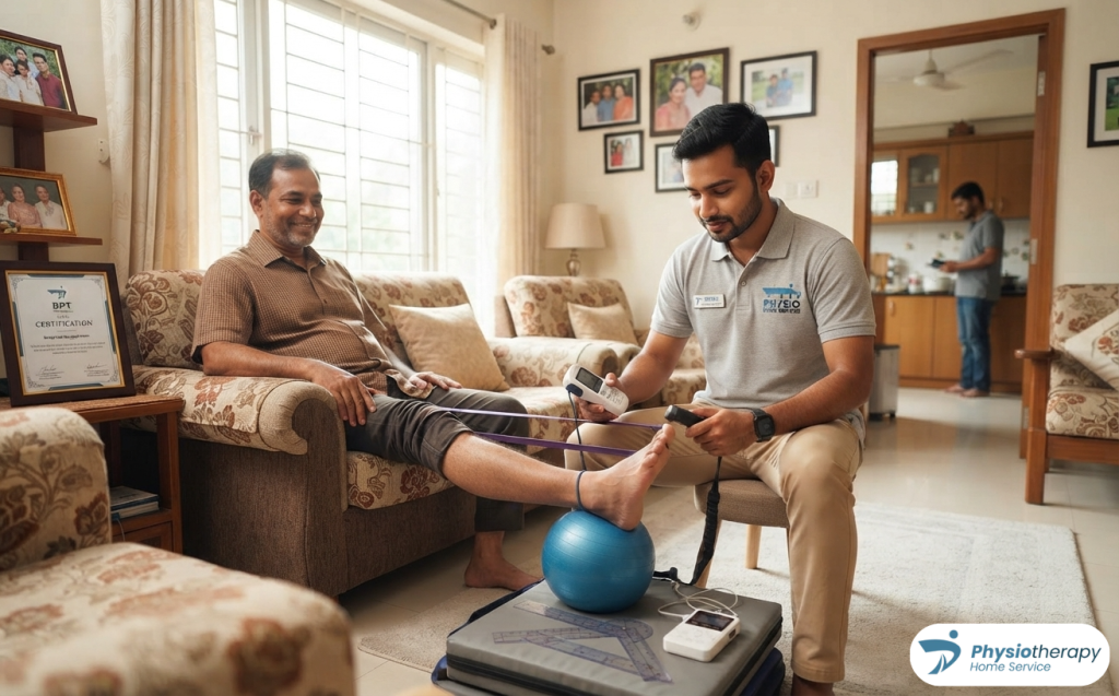 A professional physiotherapist providing one-on-one rehabilitation therapy to a patient in a comfortable Dhaka living room