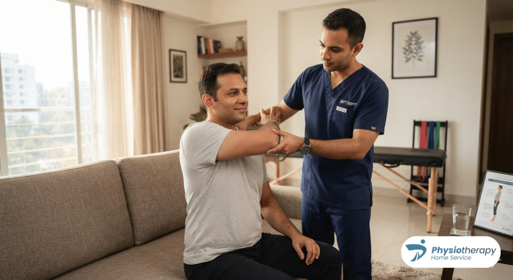 Physiotherapist performing frozen shoulder physiotherapy at home in Dhaka