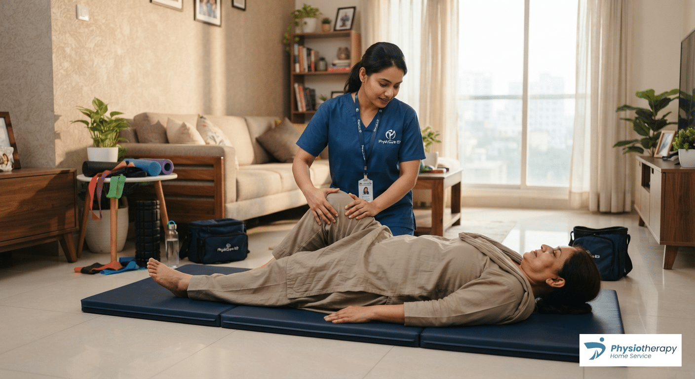 Experienced Bangladeshi physiotherapist conducting pelvic alignment therapy for a patient receiving home hip pain rehabilitation in Dhaka.