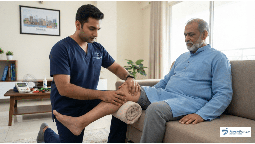 Certified physiotherapist performing knee osteoarthritis joint mobilization for an elderly patient at home in Dhaka