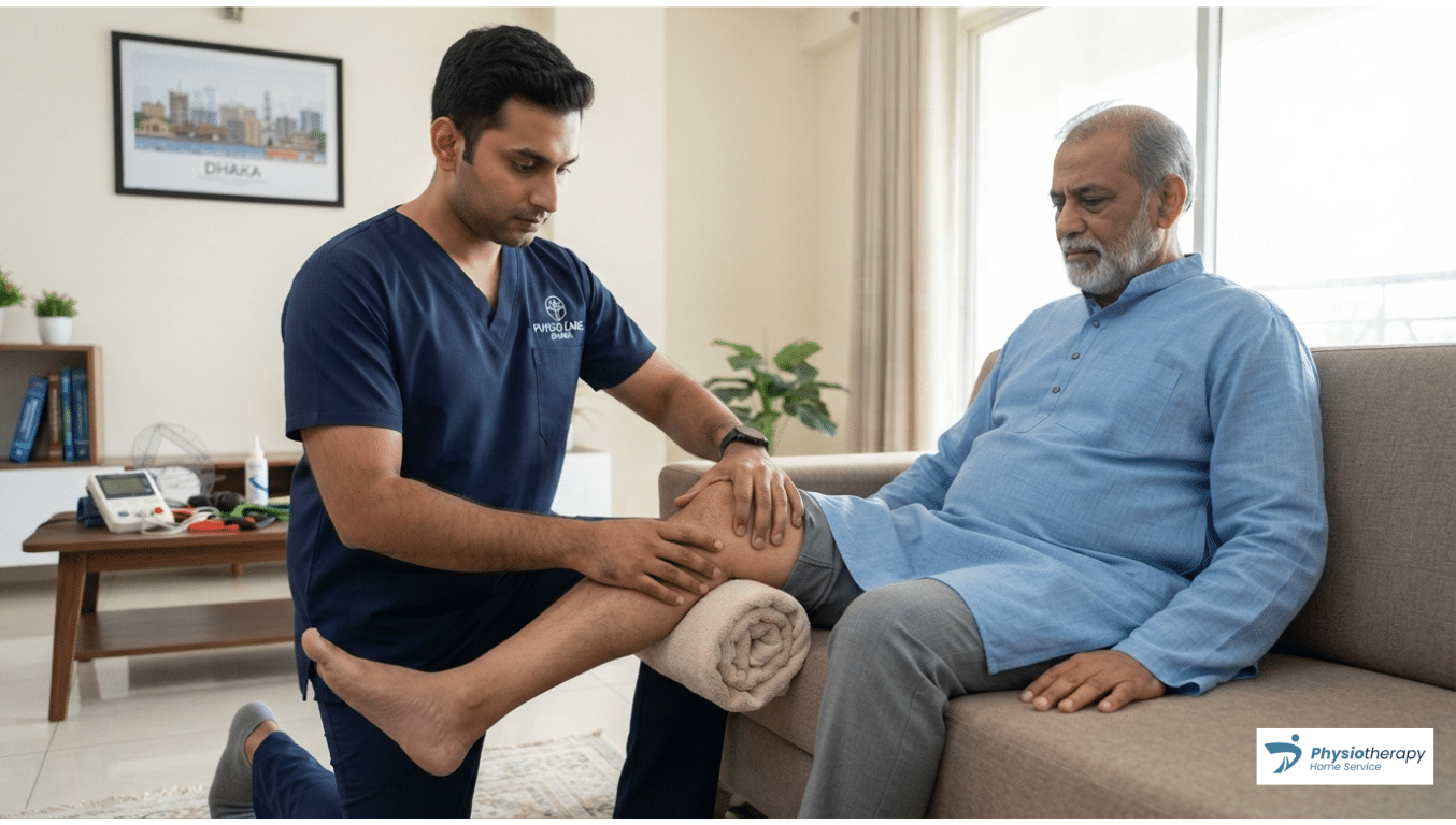 Certified physiotherapist performing knee osteoarthritis joint mobilization for an elderly patient at home in Dhaka