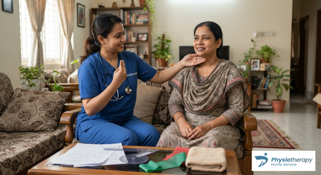 Certified physiotherapist providing neck pain treatment and cervical evaluation during a home service visit in Dhaka