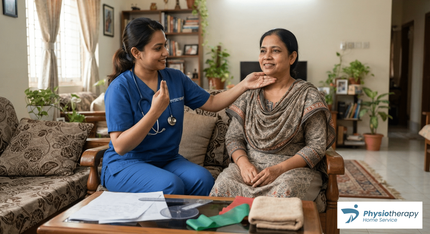 Certified physiotherapist providing neck pain treatment and cervical evaluation during a home service visit in Dhaka