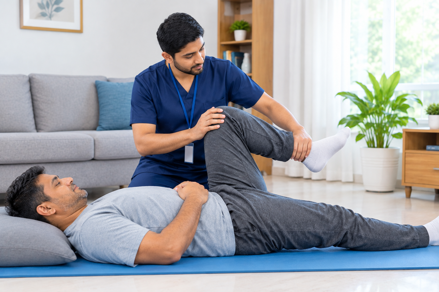 Male patient receiving sciatica physiotherapy at home in Dhaka