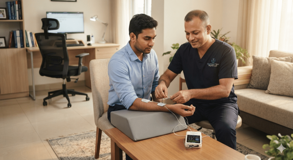 Licensed musculoskeletal physiotherapist providing tennis elbow treatment at home in Dhaka