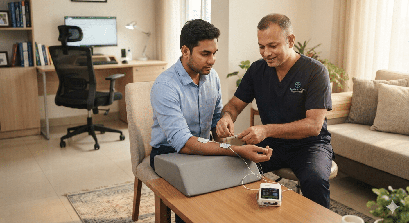 Licensed musculoskeletal physiotherapist providing tennis elbow treatment at home in Dhaka