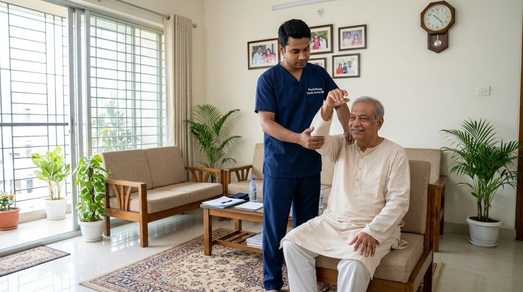 Physiotherapist training family caregiver for elderly stroke rehabilitation in Mirpur DOHS